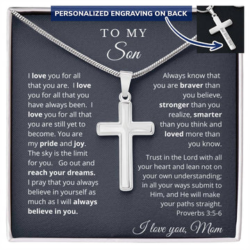 To My Son from Mom - I Believe in You Engraved Cross Necklace