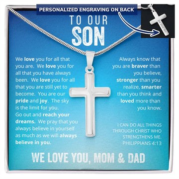 To Our Son From Mom and Dad Engraved Cross Necklace