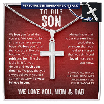 To Our Son From Mom and Dad Engraved Cross Necklace