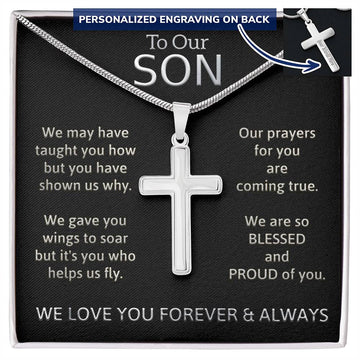 To Our Son Cross Necklace - Proud and Blessed Poem - Engraved