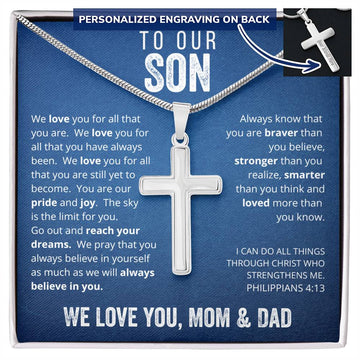 To Our Son From Mom and Dad Engraved Cross Necklace