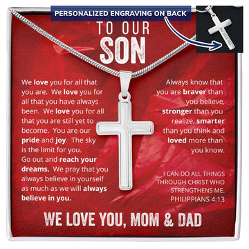 To Our Son From Mom and Dad Engraved Cross Necklace