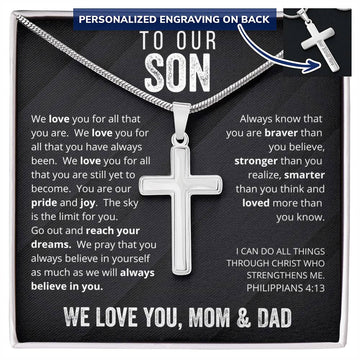 To Our Son From Mom and Dad Engraved Cross Necklace