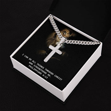 Engraved Cross with Cuban Link Style Chain | Lion - I can do all things