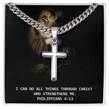 Engraved Cross with Cuban Link Style Chain | Lion - I can do all things