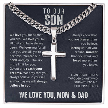 Gift for Son on His Wedding Day, Gift for Son on Wedding Day, To Our Son From Mom and Dad Engraved Cross Necklace, Son Gift