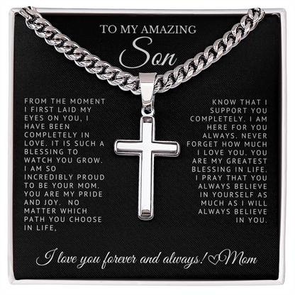 To My Amazing Son - Engraved Cross on Cuban Link Chain