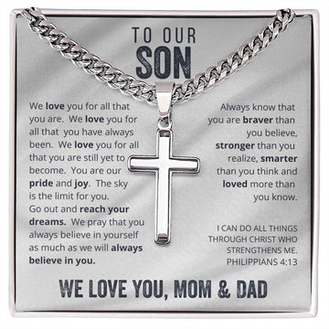 Gift for Son on His Wedding Day, Gift for Son on Wedding Day, To Our Son From Mom and Dad Engraved Cross Necklace, Son Gift