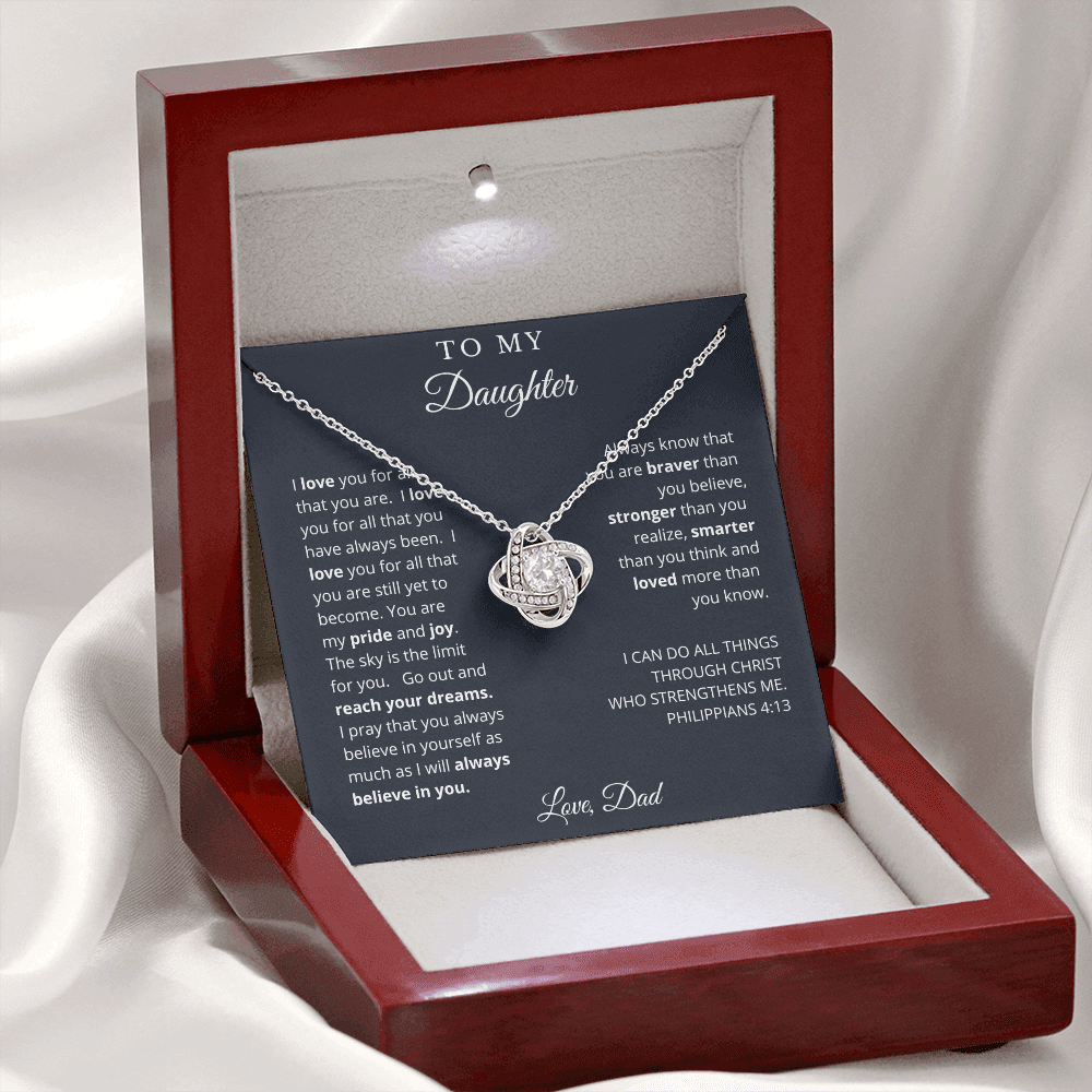 To My Daughter from Dad | CZ Crystal Love Knot Necklace | I Believe in You Message Card Gift Set
