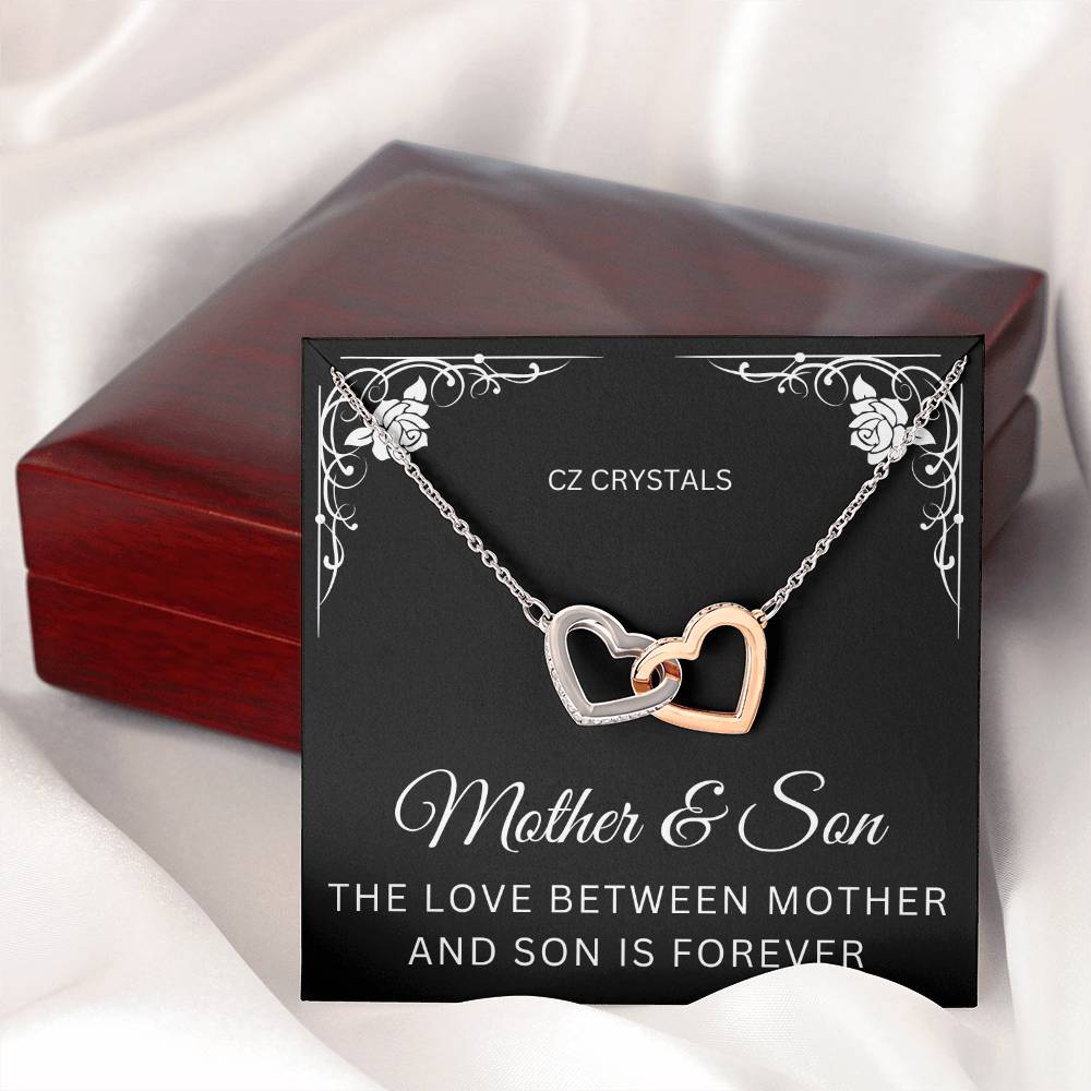 Mother and Son Necklace | CZ Crystals | Interlocking Hearts