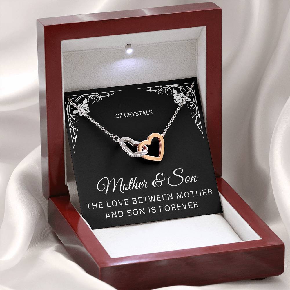Mother and Son Necklace | CZ Crystals | Interlocking Hearts