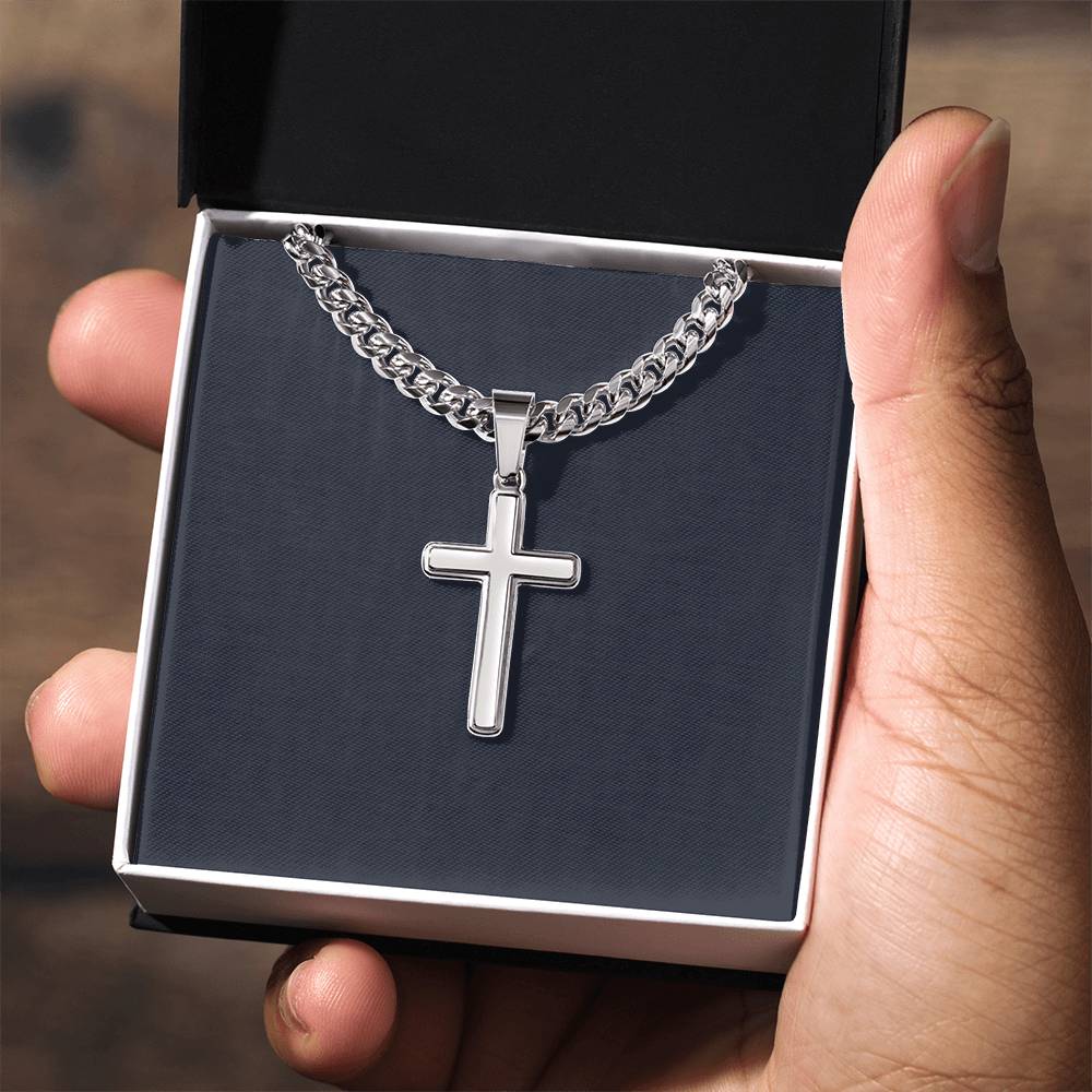 Cuban Link Chain with Artisan Cross - LED Light-Up Gift Box