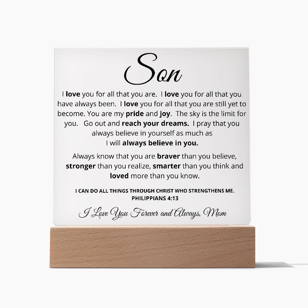 To My Son from Mom | I Believe in You | Acrylic Plaque with LED Base