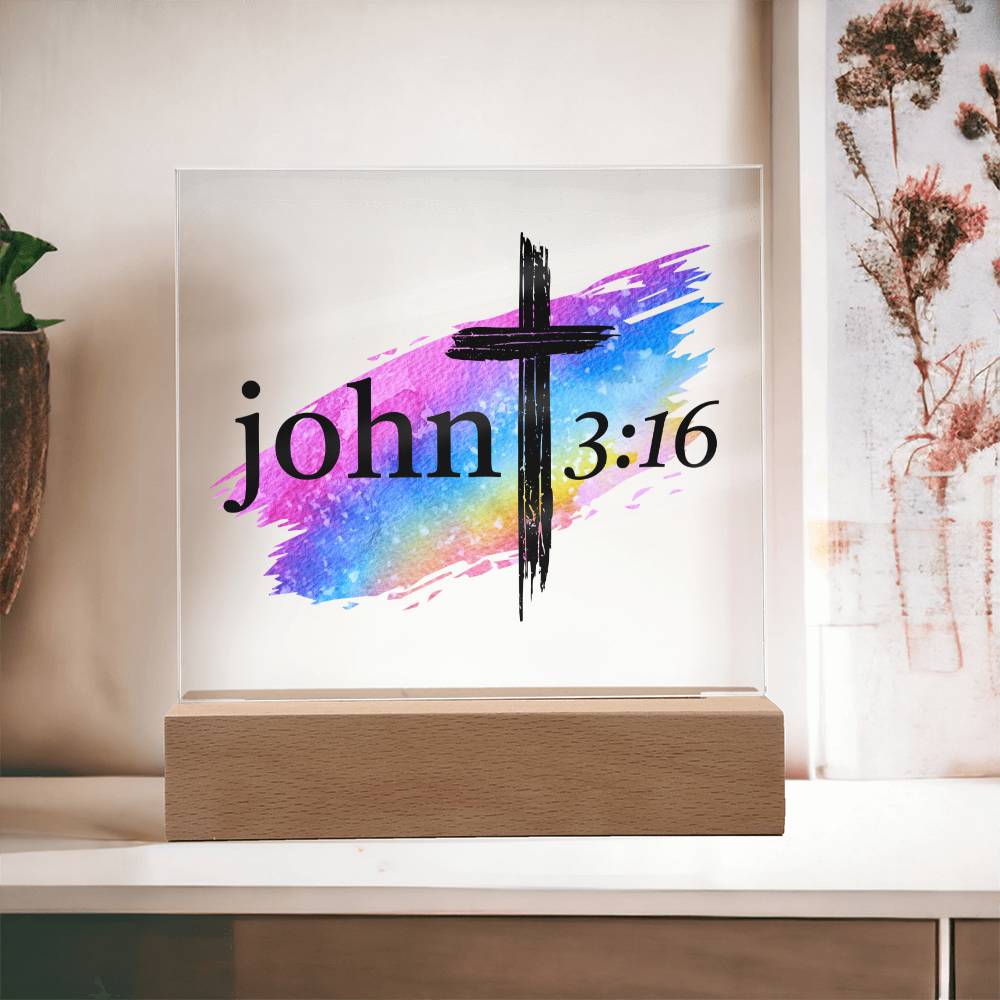 Printed Square Acrylic LED Night Light - John 3:16