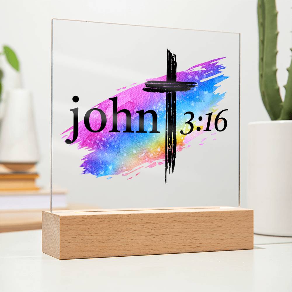 Printed Square Acrylic LED Night Light - John 3:16