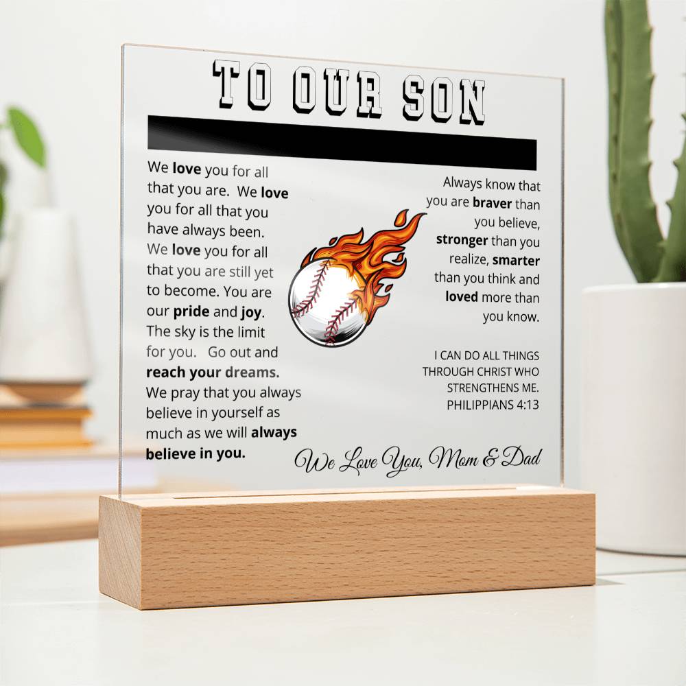 To Our Son - We Believe in You - Printed Acrylic Sign - Baseball Pitcher