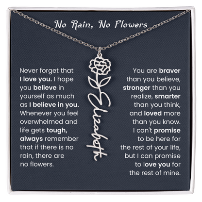 No Rain No Flowers | Birth Flower Name Necklace, Message Card and Gift Box