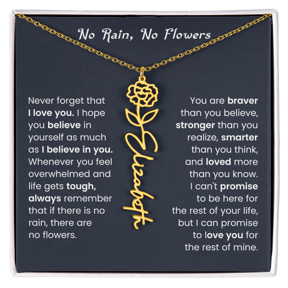No Rain No Flowers | Birth Flower Name Necklace, Message Card and Gift Box