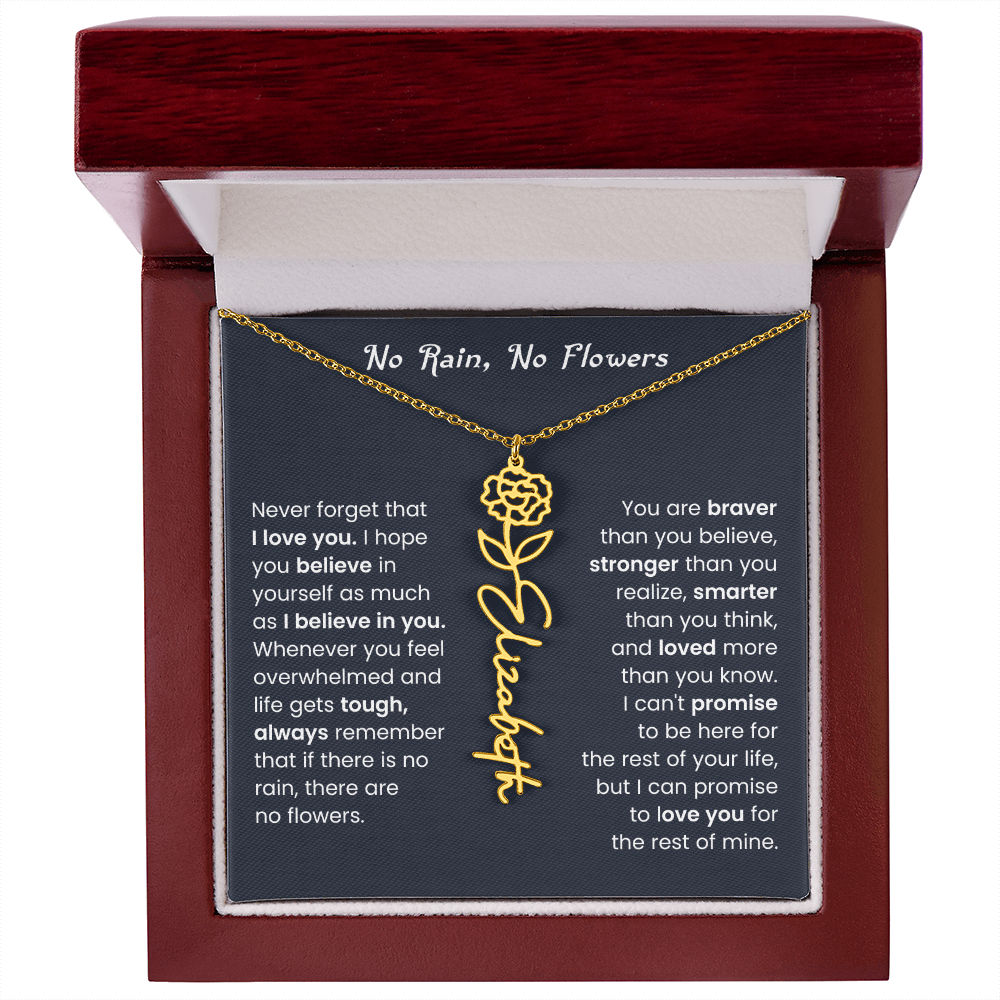 No Rain No Flowers | Birth Flower Name Necklace, Message Card and Gift Box