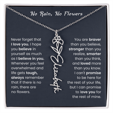 No Rain No Flowers | Birth Flower Name Necklace, Message Card and Gift Box