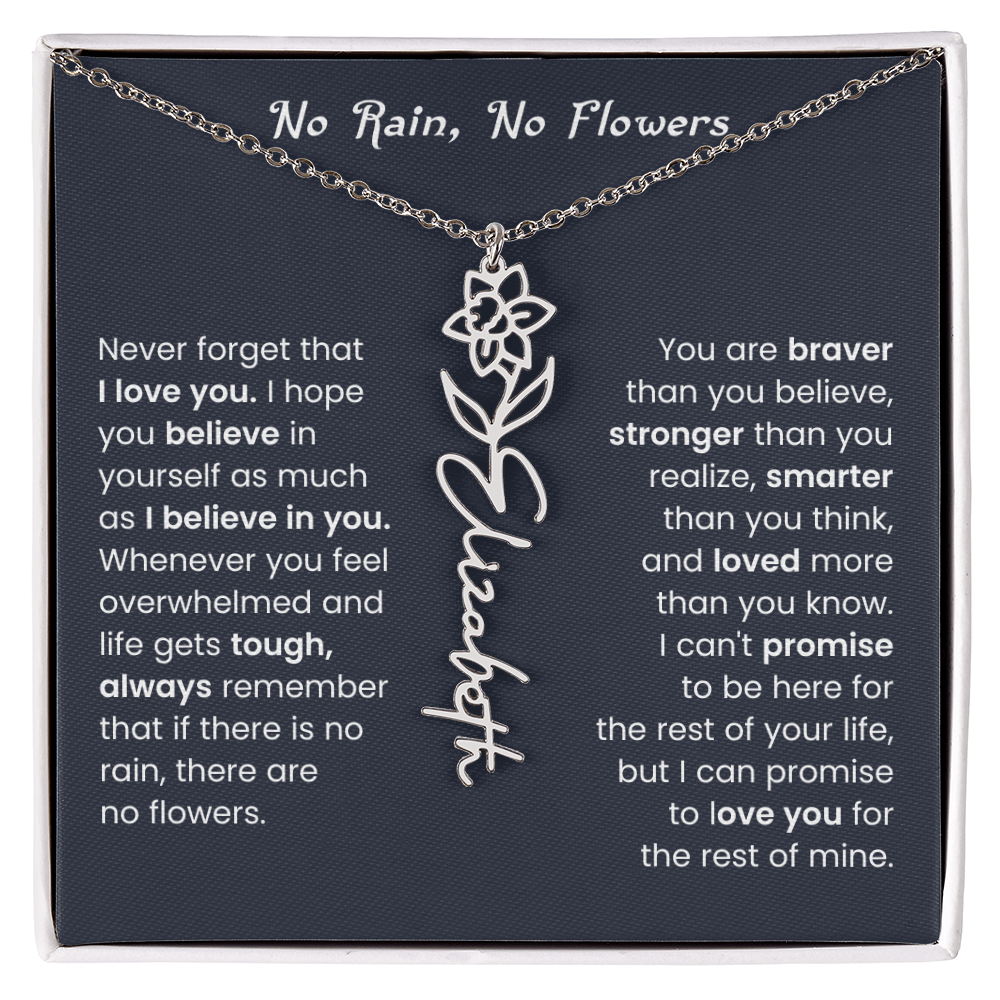 No Rain No Flowers | Birth Flower Name Necklace, Message Card and Gift Box