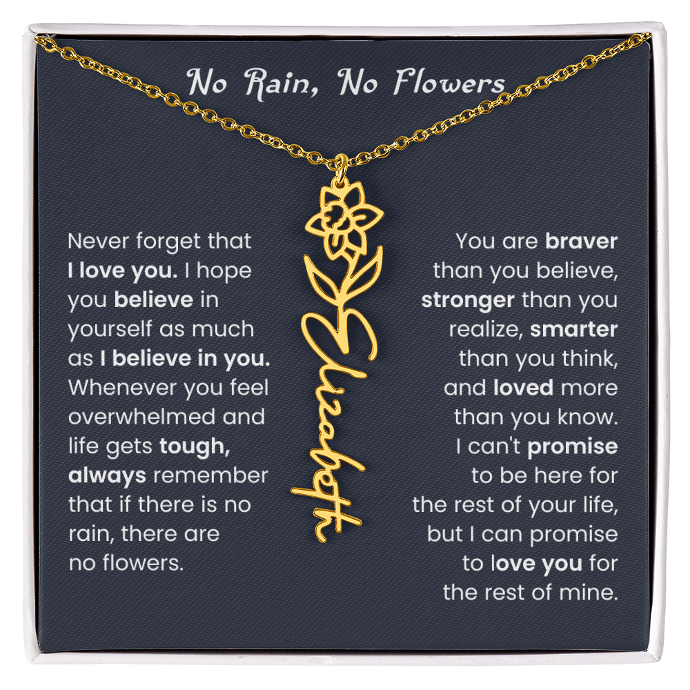 No Rain No Flowers | Birth Flower Name Necklace, Message Card and Gift Box