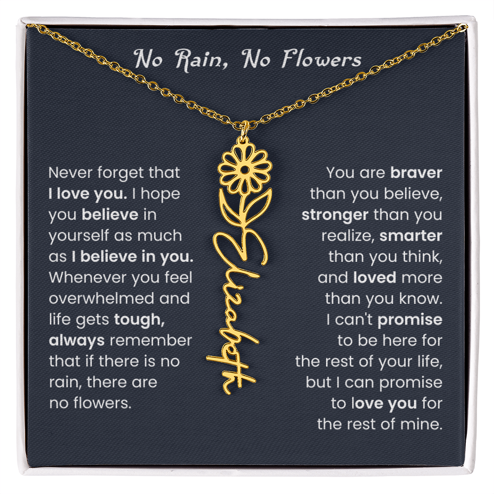 No Rain No Flowers | Birth Flower Name Necklace, Message Card and Gift Box