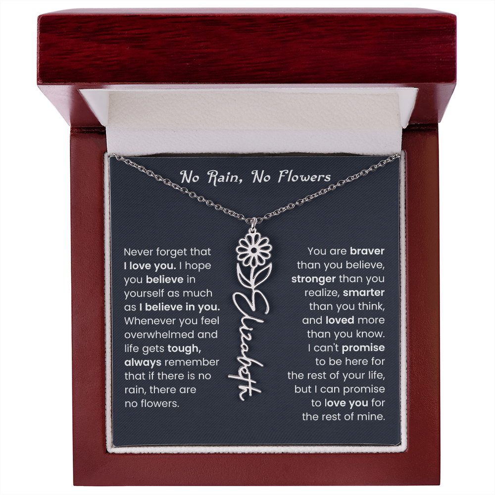 No Rain No Flowers | Birth Flower Name Necklace, Message Card and Gift Box