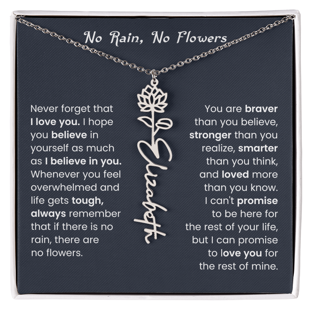 No Rain No Flowers | Birth Flower Name Necklace, Message Card and Gift Box