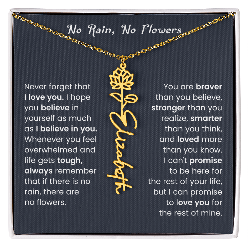 No Rain No Flowers | Birth Flower Name Necklace, Message Card and Gift Box