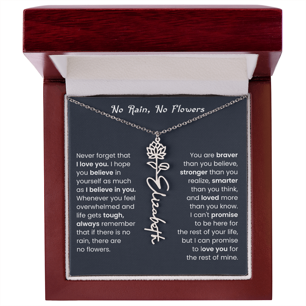 No Rain No Flowers | Birth Flower Name Necklace, Message Card and Gift Box