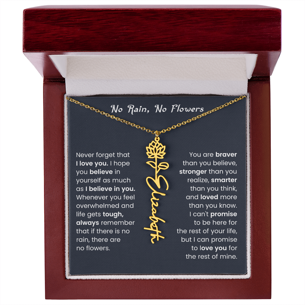 No Rain No Flowers | Birth Flower Name Necklace, Message Card and Gift Box