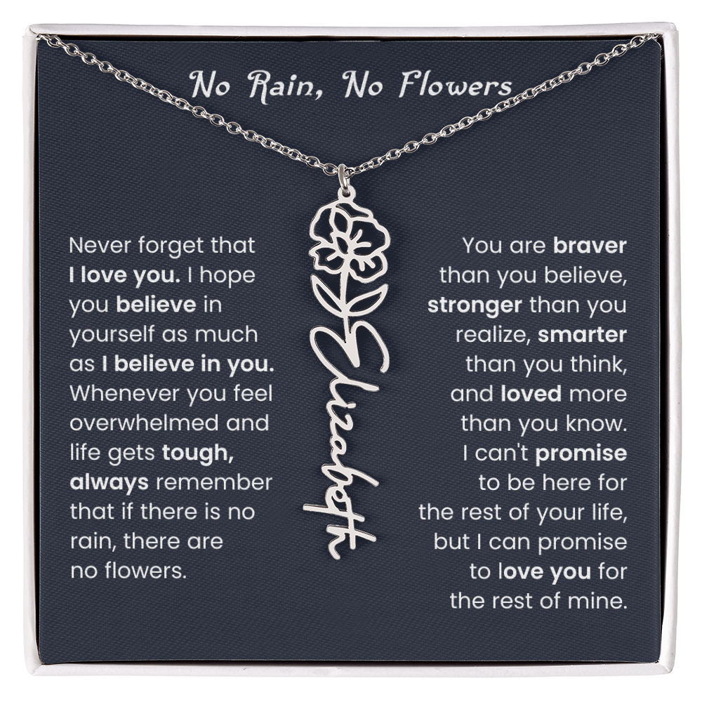 No Rain No Flowers | Birth Flower Name Necklace, Message Card and Gift Box
