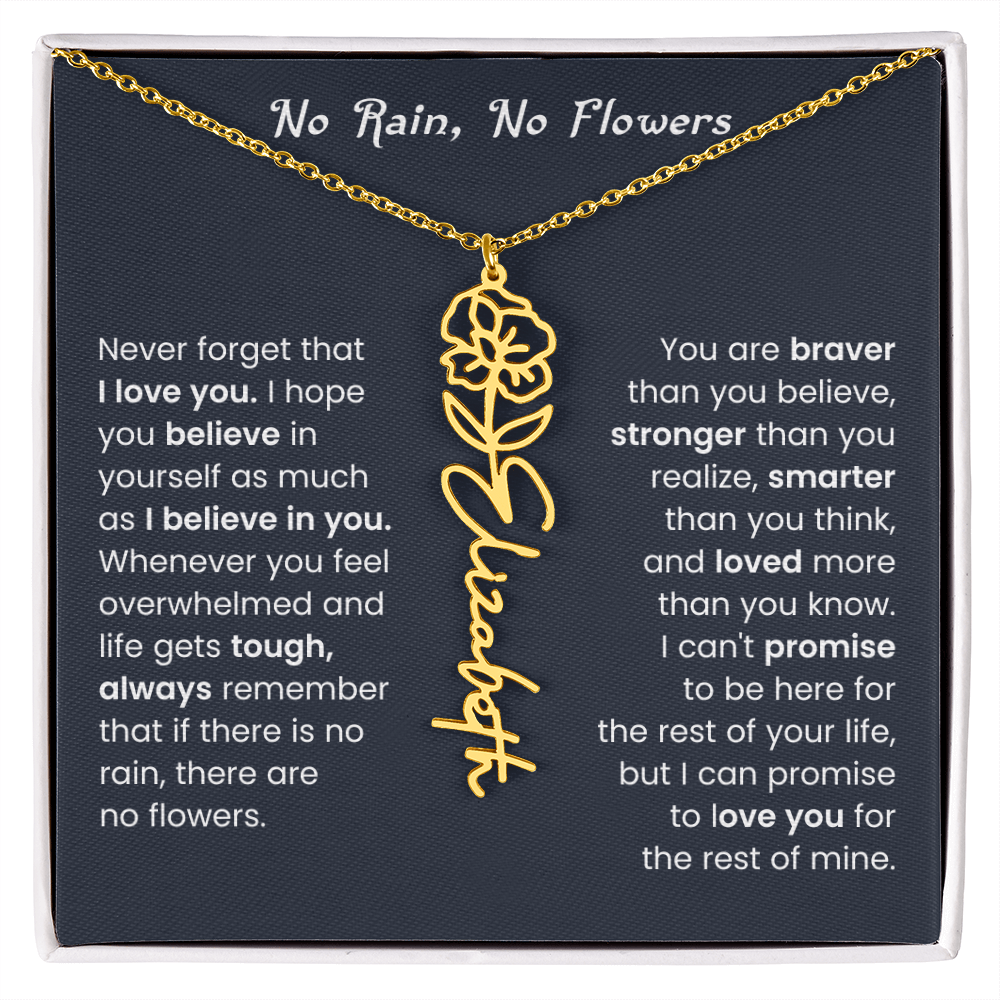 No Rain No Flowers | Birth Flower Name Necklace, Message Card and Gift Box