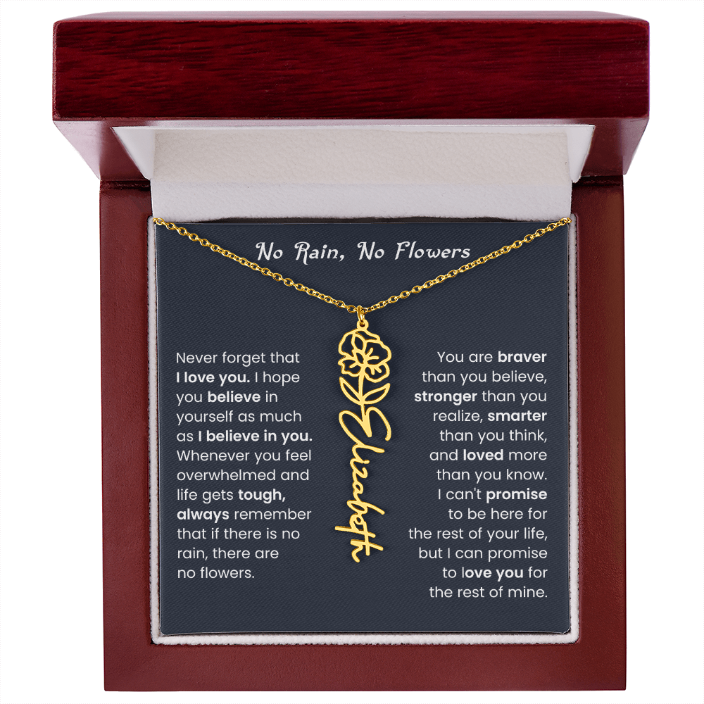 No Rain No Flowers | Birth Flower Name Necklace, Message Card and Gift Box