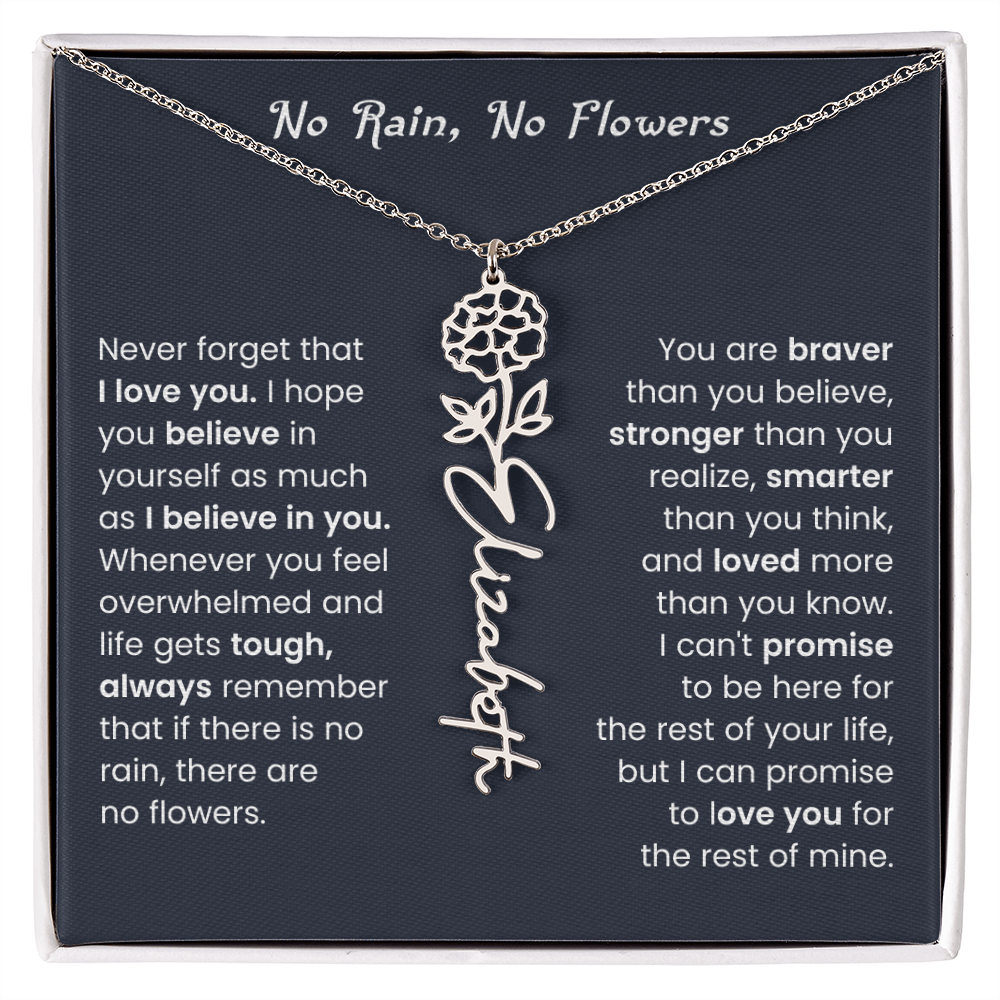 No Rain No Flowers | Birth Flower Name Necklace, Message Card and Gift Box