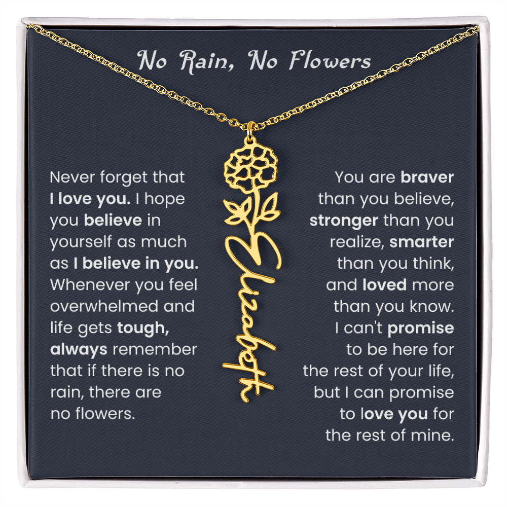No Rain No Flowers | Birth Flower Name Necklace, Message Card and Gift Box