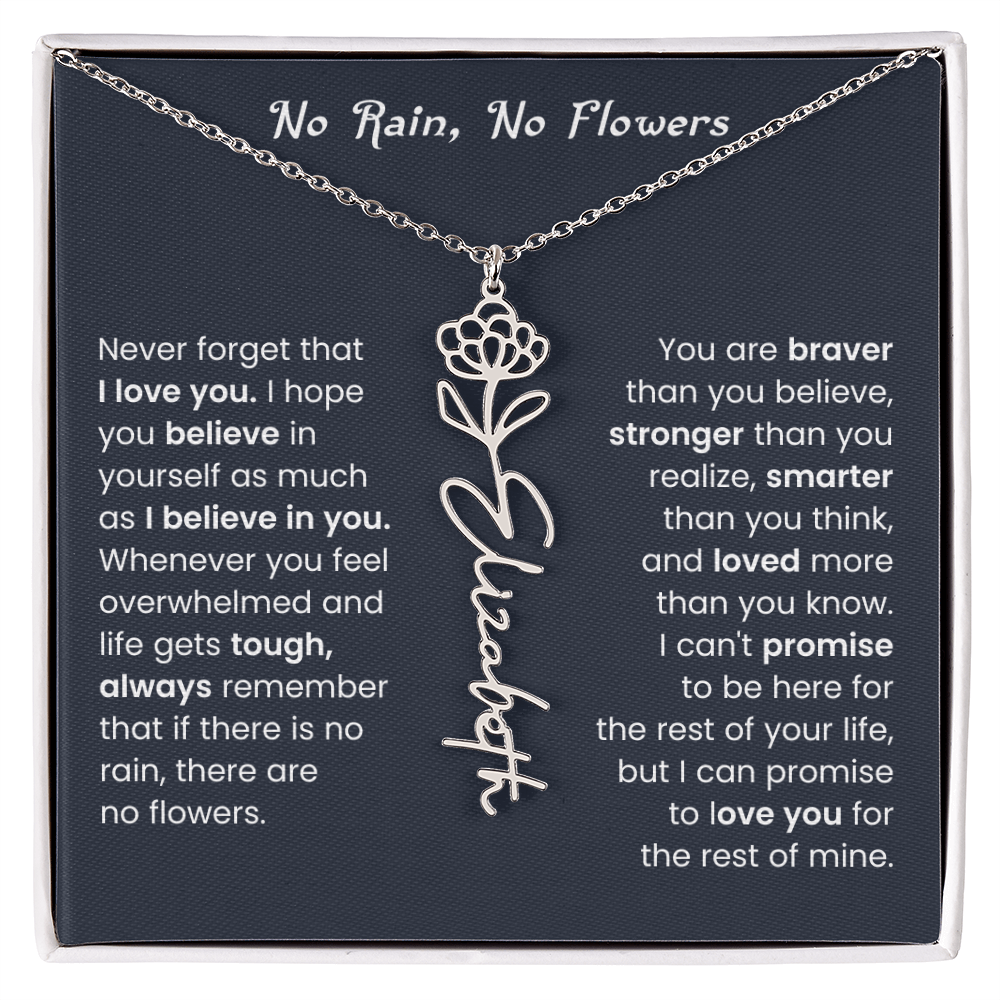 No Rain No Flowers | Birth Flower Name Necklace, Message Card and Gift Box