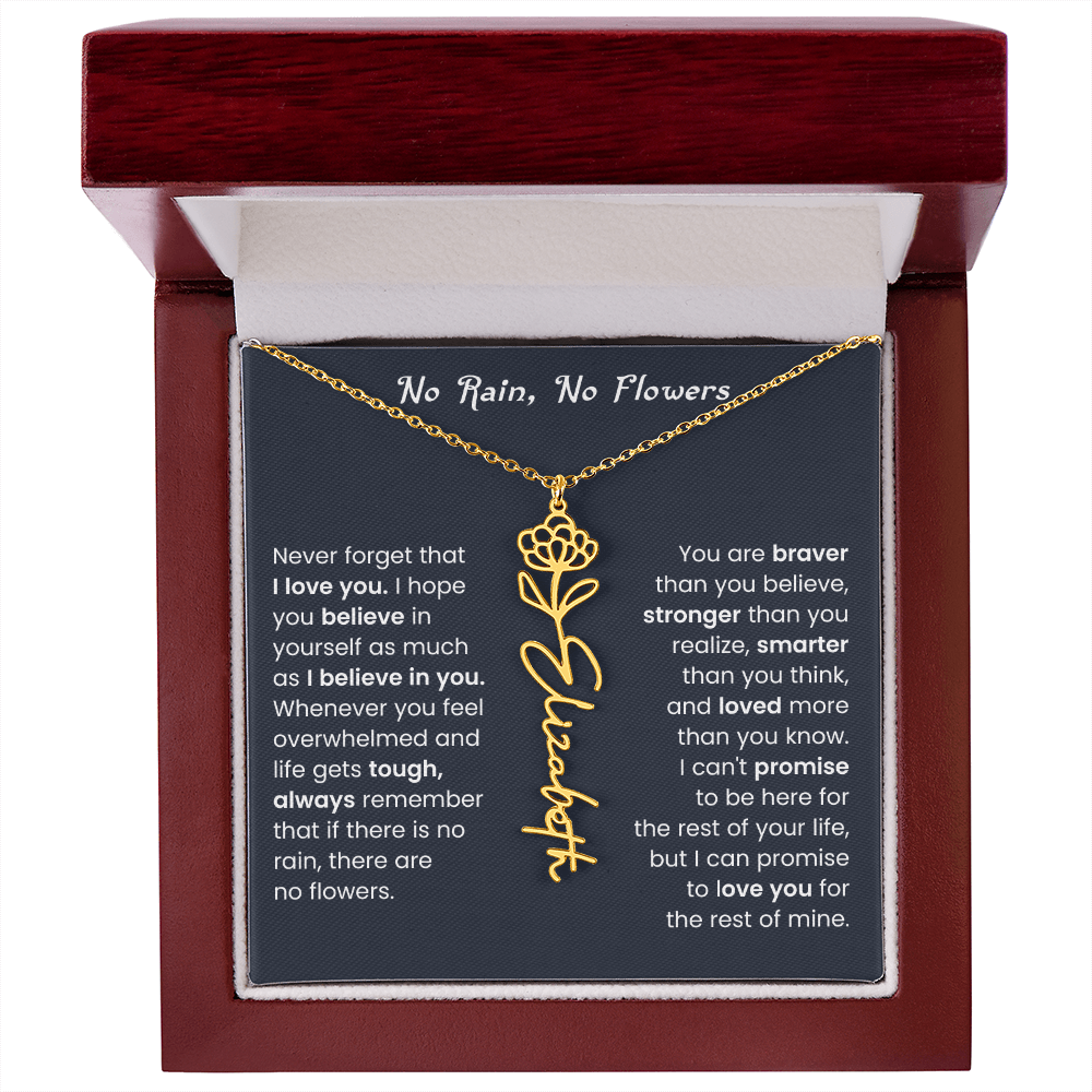 No Rain No Flowers | Birth Flower Name Necklace, Message Card and Gift Box