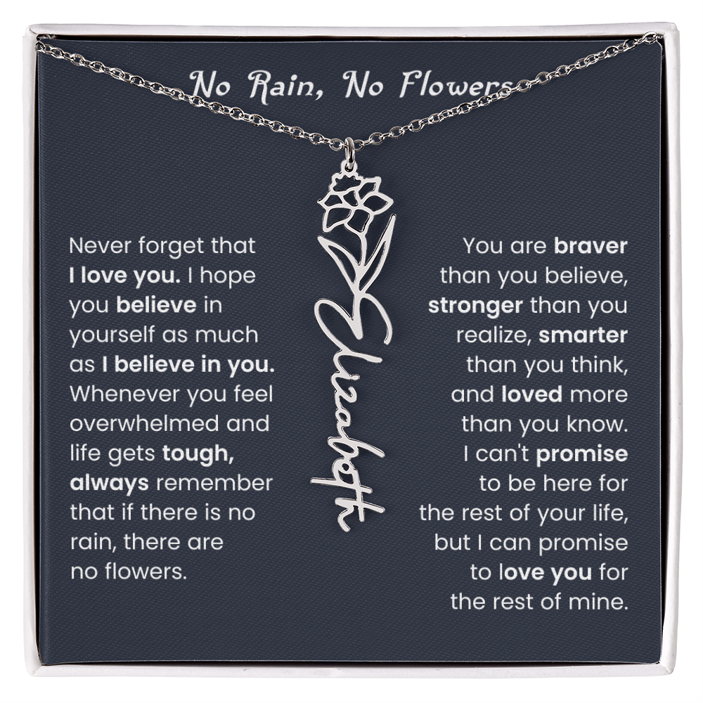 No Rain No Flowers | Birth Flower Name Necklace, Message Card and Gift Box