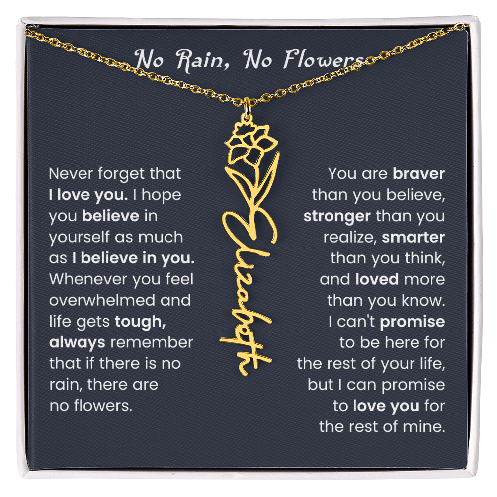 No Rain No Flowers | Birth Flower Name Necklace, Message Card and Gift Box