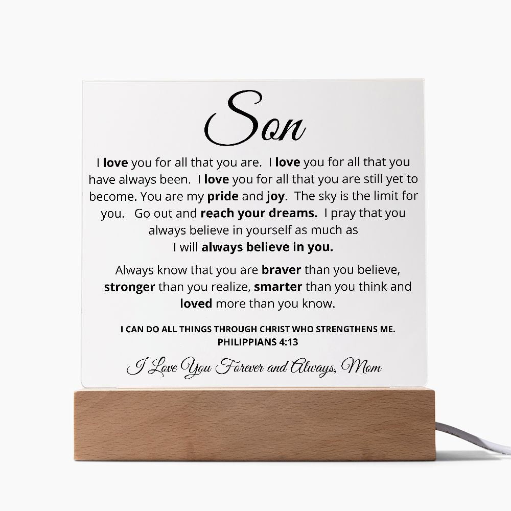 To My Son from Mom | I Believe in You | Acrylic Plaque with LED Base