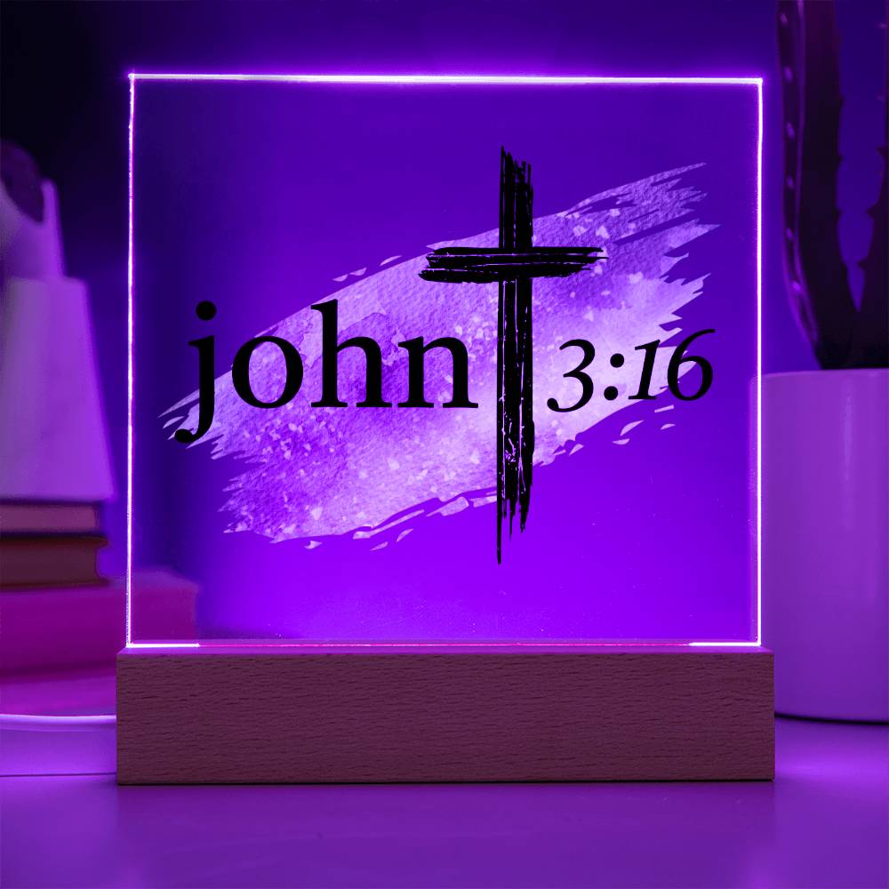 Printed Square Acrylic LED Night Light - John 3:16