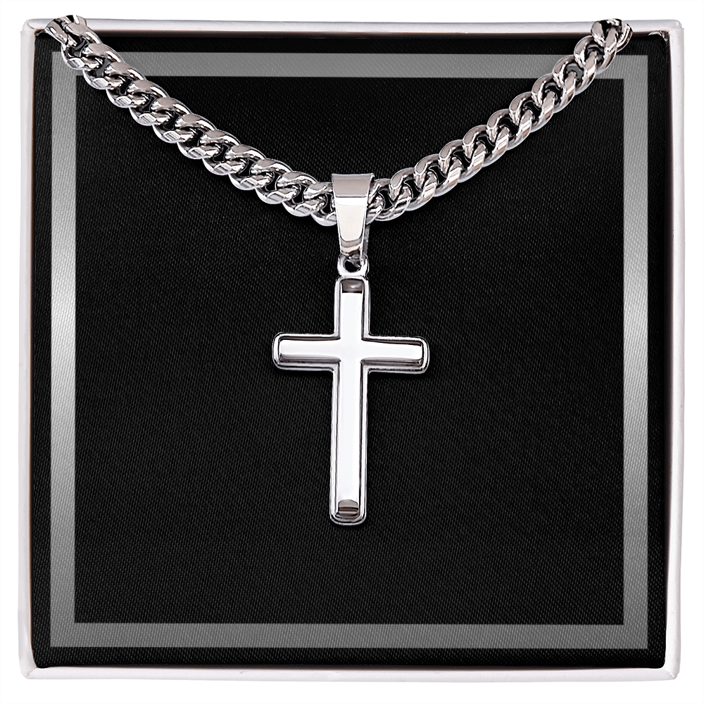 Artisan Gold or Silver Dipped Cross with Cuban Link Chain - Gift Box Included