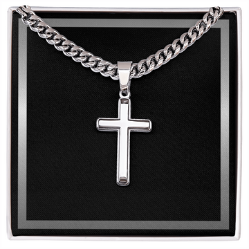 Artisan Gold or Silver Dipped Cross with Cuban Link Chain - Gift Box Included