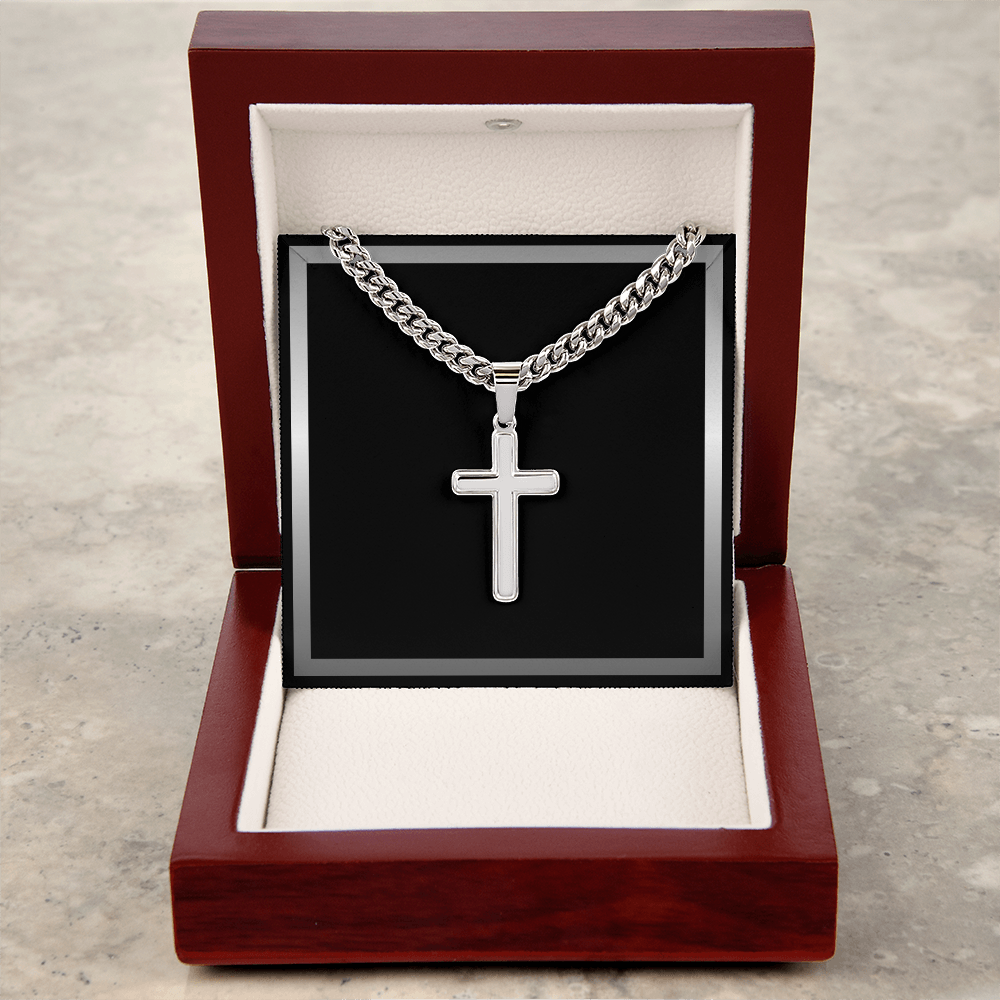 Artisan Gold or Silver Dipped Cross with Cuban Link Chain - Gift Box Included