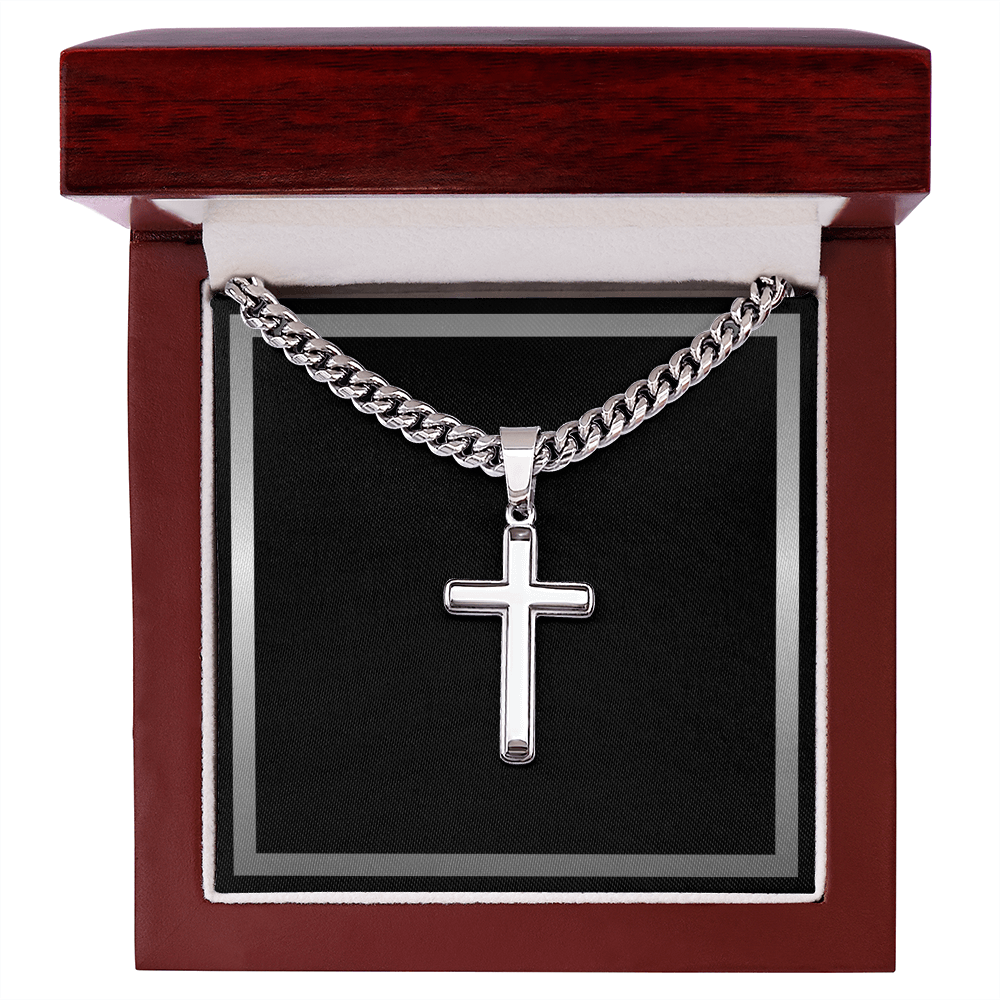 Artisan Gold or Silver Dipped Cross with Cuban Link Chain - Gift Box Included