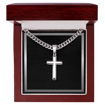 Artisan Gold or Silver Dipped Cross with Cuban Link Chain - Gift Box Included