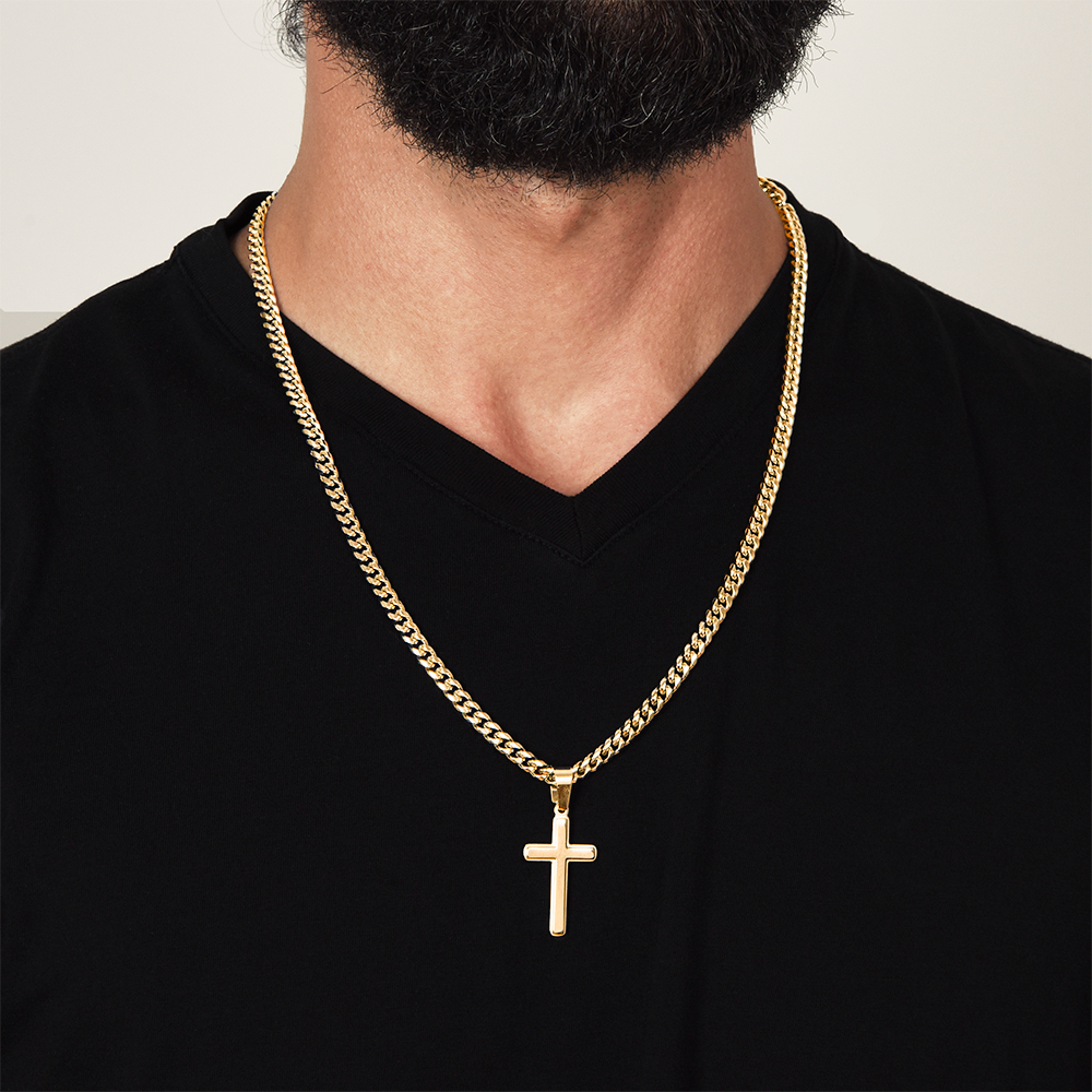 Artisan Gold or Silver Dipped Cross with Cuban Link Chain - Gift Box Included