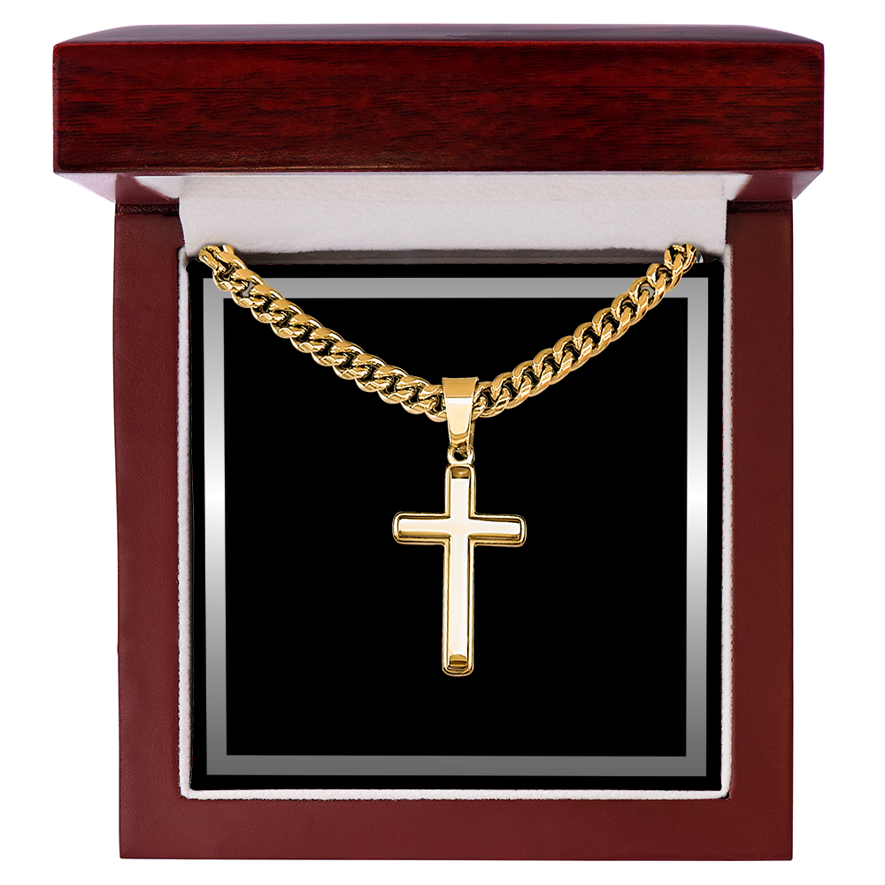 Artisan Gold or Silver Dipped Cross with Cuban Link Chain - Gift Box Included